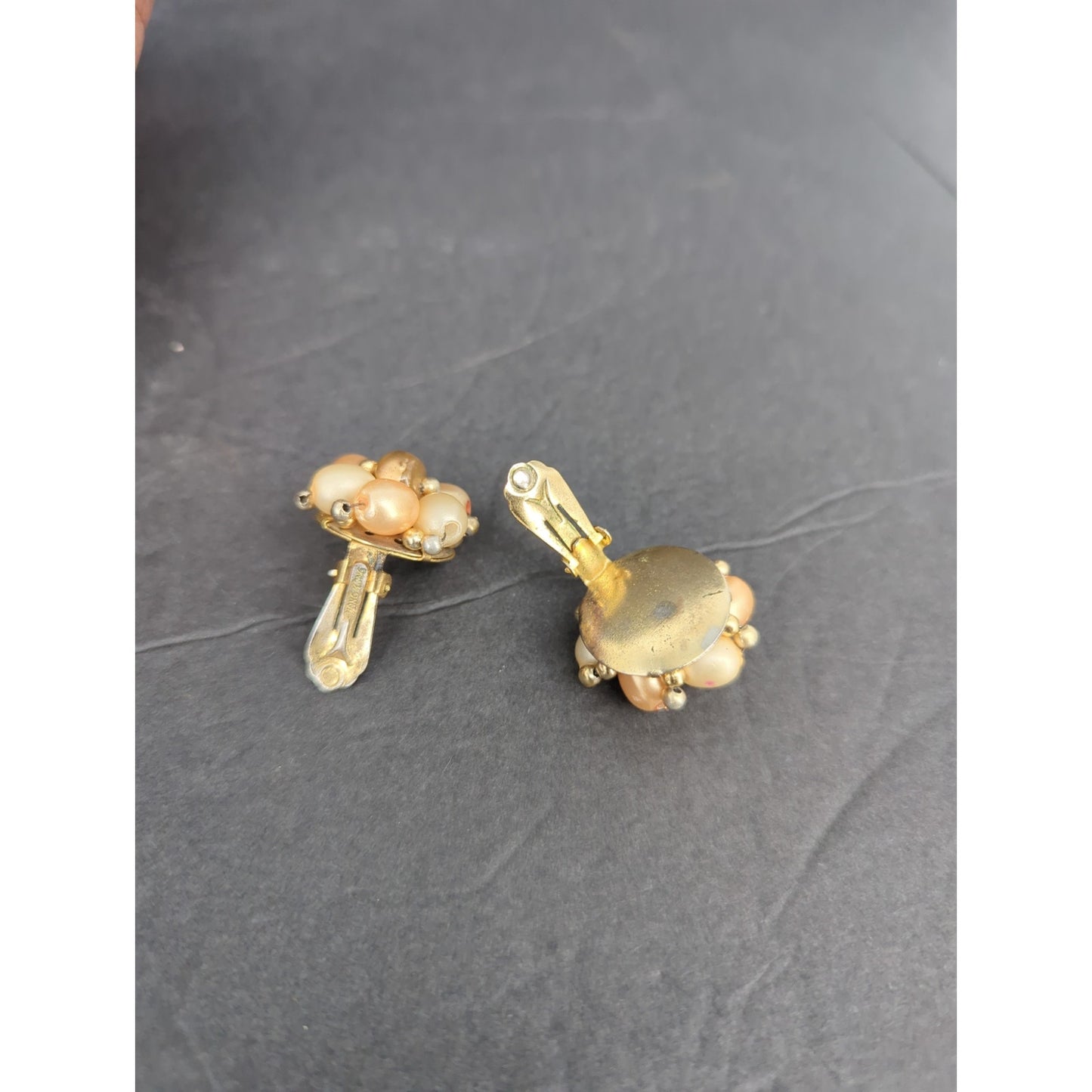 Vintage Faux Pearl Rhinestone Cluster Gold Tone Clip On Earrings Hong Kong