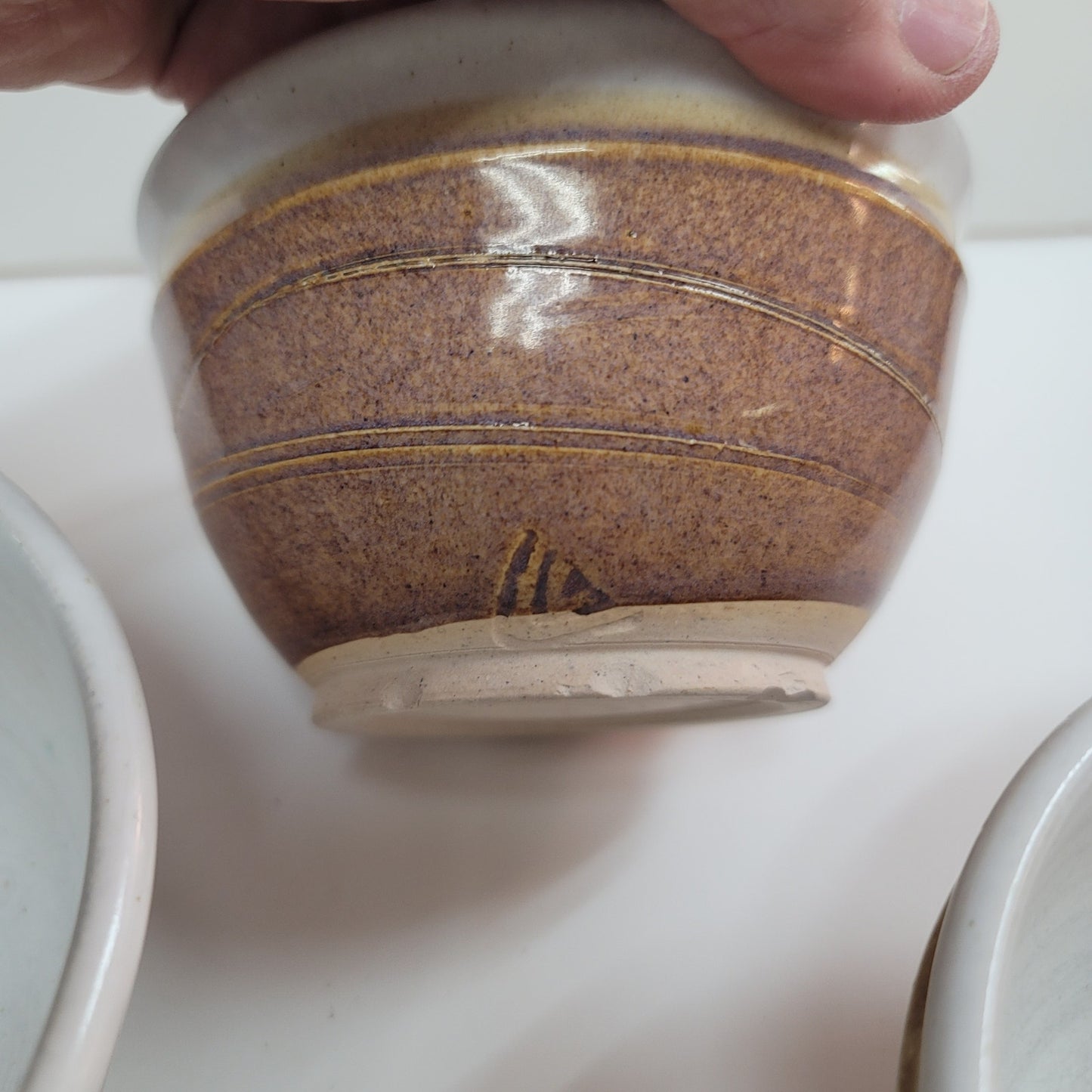 Lot of 3 handmade art pottery studio tea bowls Earthtones brown white sand Clay