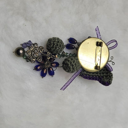Vintage Handmade Japan Butterfly Crochet Assemblage Brooch Pin Purple Flowers
