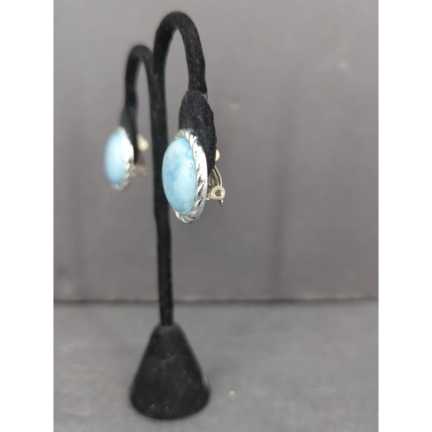 Vintage Pale Blue Faux Pearl Button Circle 80s Rhinestone Halo Clip On Earrings