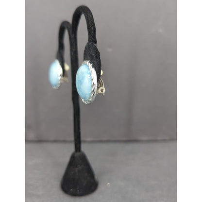 Vintage Pale Blue Faux Pearl Button Circle 80s Rhinestone Halo Clip On Earrings
