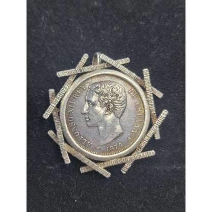 Vintage Spanish 5 Pesetas Brutalist Numismatic coin Pendant Silver Brooch Art