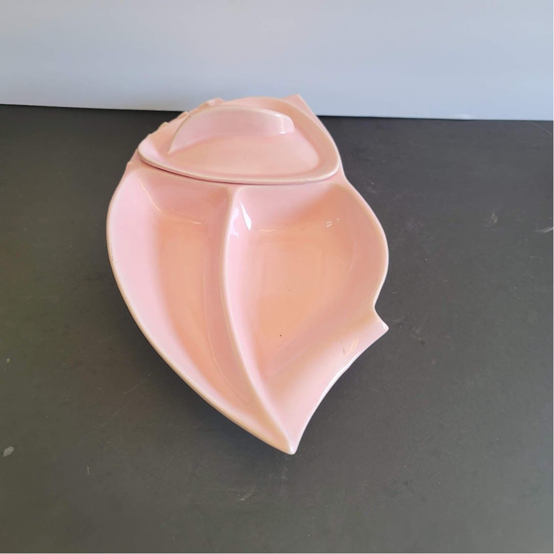 California Pottery Pink Covered Dish MCM Divided Leaf Shape Serving Tray VINTAGE
