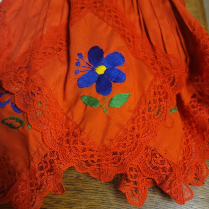 Red Mexican Pueblo Off Shoulder Embroidered Dress Medium Flower Elastic Waist