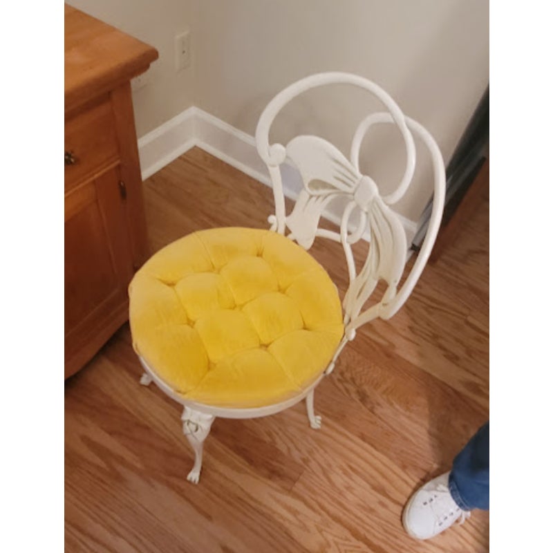 Secondhand Sandies:  Wrought Iron Heavy boudoir vanity chair yellow velvet seat