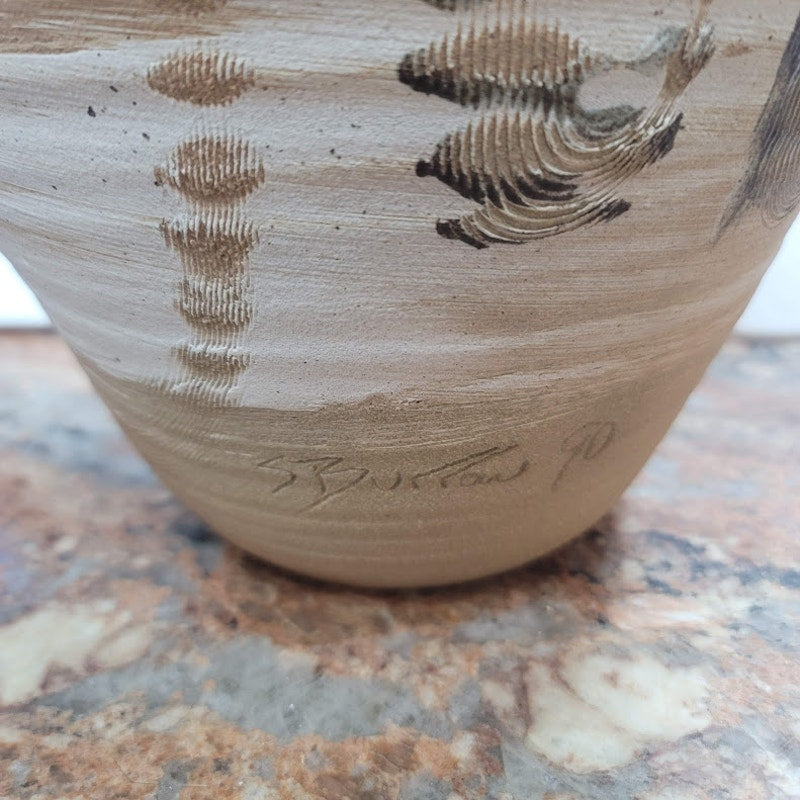 Art Pottery 16.5" Earthtones Vase Signed Steve Burrow 1990 Tan Cream Black