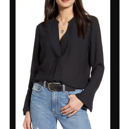 Treasure Bond NEW black sheer blouse size Small Casual long sleeve VNeck Career