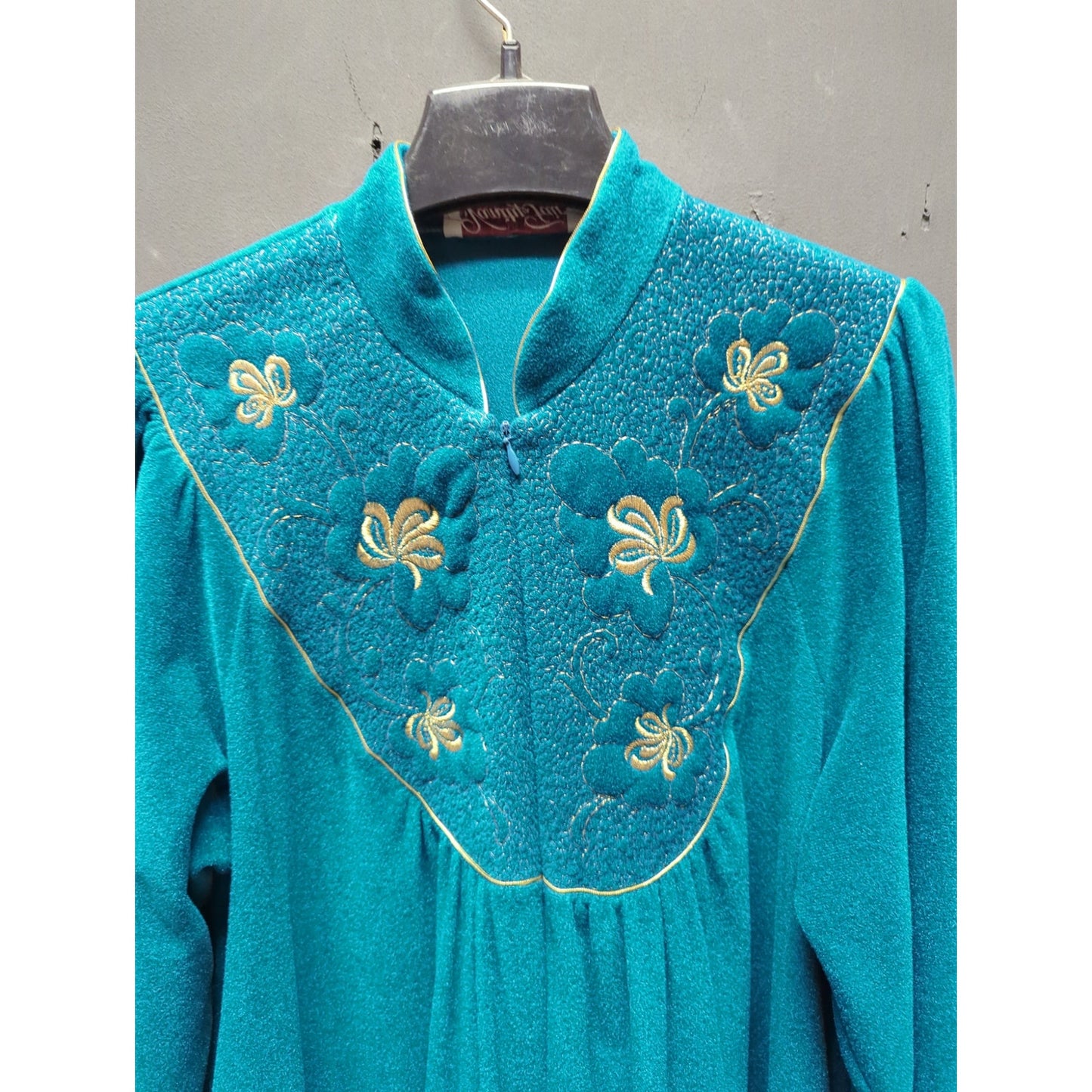 Vintage Vanity Fair Teal Fleece Lounge Robe Embroidered Floral Long Sleeve Small