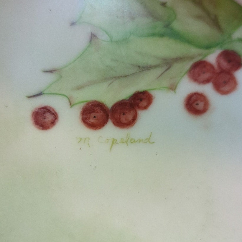 Vintage Hand Painted Holly Berry Porcelain Serving Bowl Christmas Table 9"