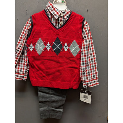 TFW Toddler Boys 3-Piece Argyle Sweater Vest, Plaid Shirt, & Pants Set NWT