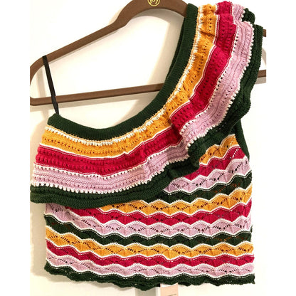 BCBGeneration One Shoulder Zigzag Crochet Crop Top Sz Medium in Multi Stripe NWT