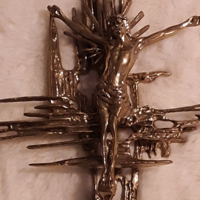 Brutalist crucifix religious wall sculpture goldtone Jesus on Cross Spain Bronze