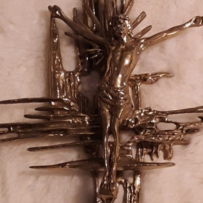 Brutalist crucifix religious wall sculpture goldtone Jesus on Cross Spain Bronze
