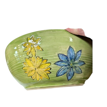 Handmade art pottery bowl Adorable floral motif large 9" clay glazed Signed
