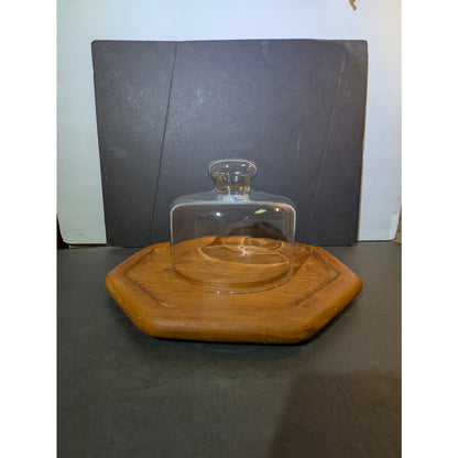 Gailstyn-Sutton Teakwood Cheese Board Glass Dome Octagon Vintage MCM