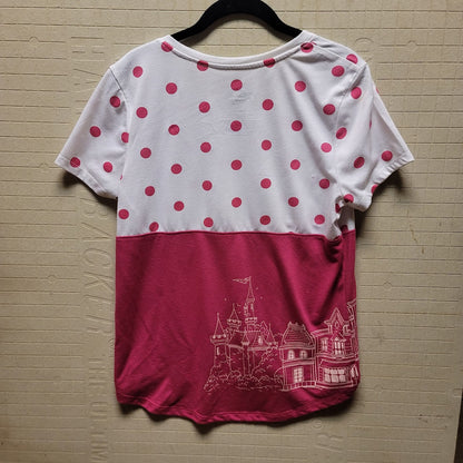 Disney Parks Sz Medium Pink White Polka Dots Minnie Under Umbrella Short Sleeve