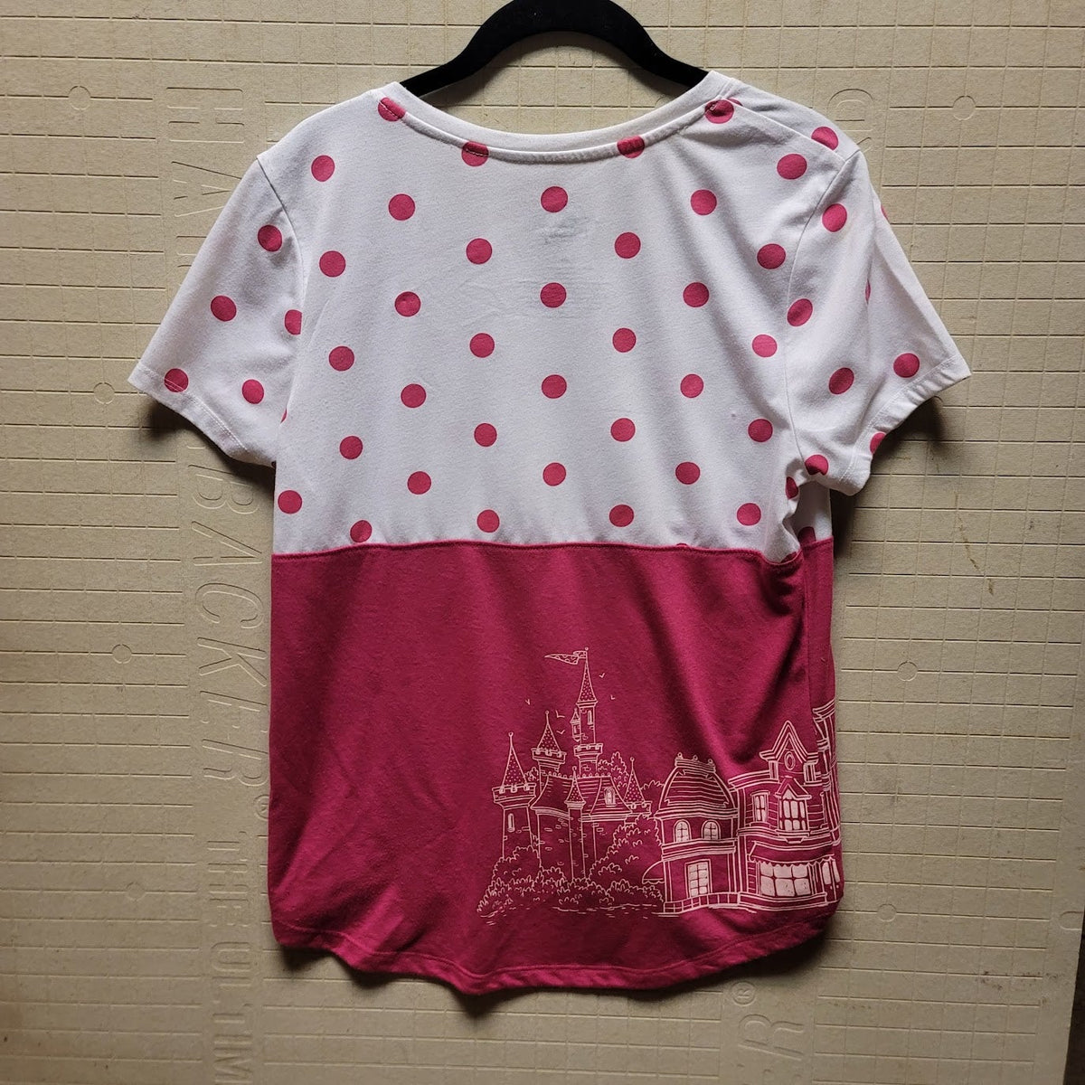 Disney Parks Sz Medium Pink White Polka Dots Minnie Under Umbrella Short Sleeve