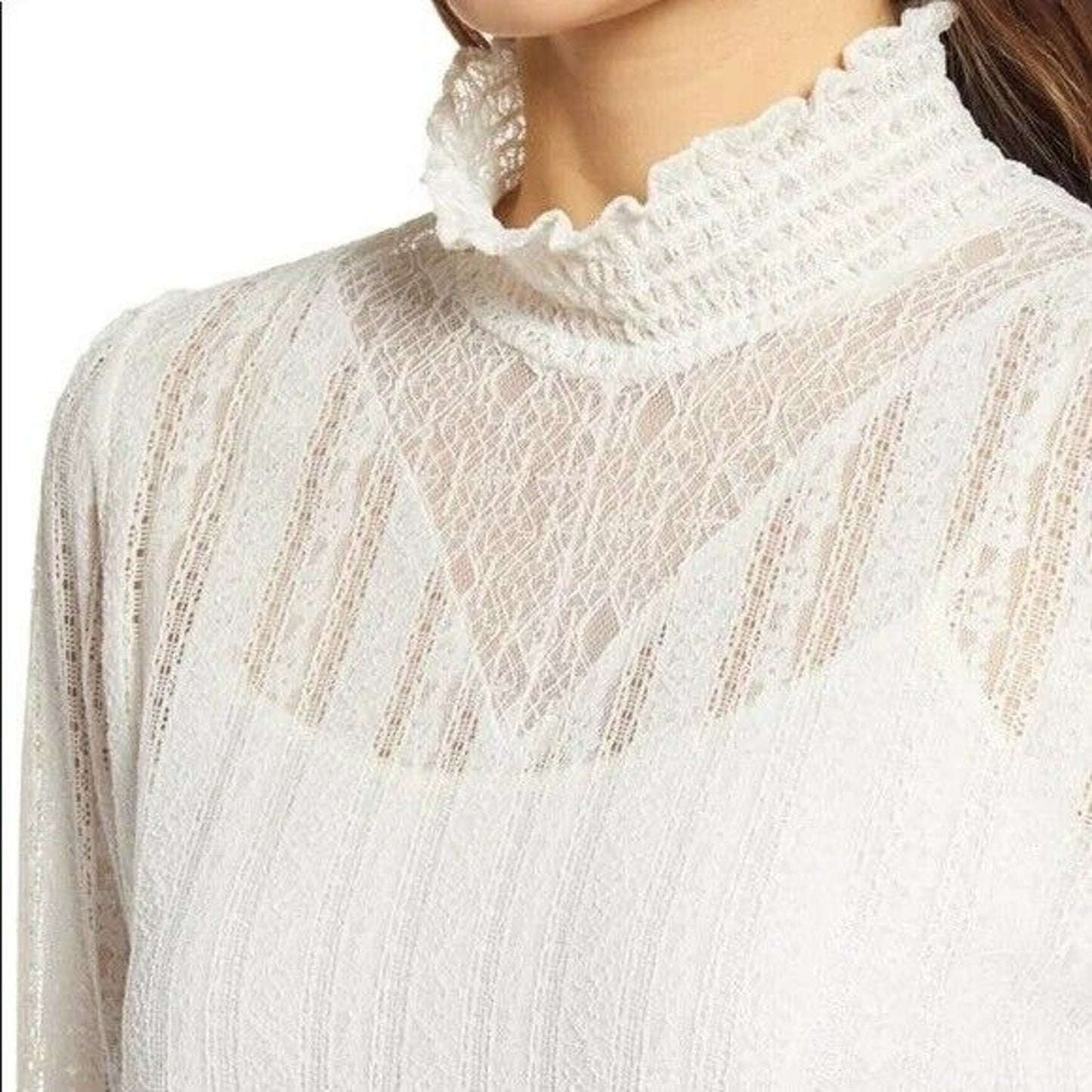 HALOGEN Lace Mock Neck Long Sleeve Blouse Top XS extra small Ivory NWT Pullover