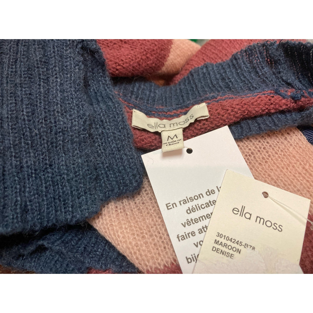 Ella Moss Denise Pullover Sweater Medium Maroon/Navy Stripe NEW Ribbon Trim