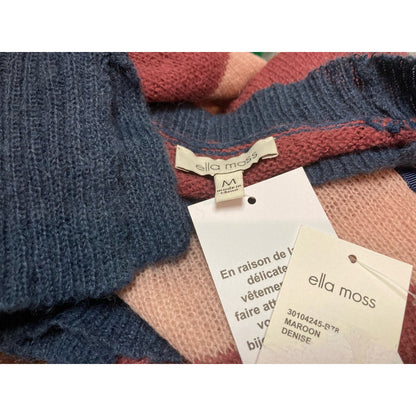 Ella Moss Denise Pullover Sweater Medium Maroon/Navy Stripe NEW Ribbon Trim