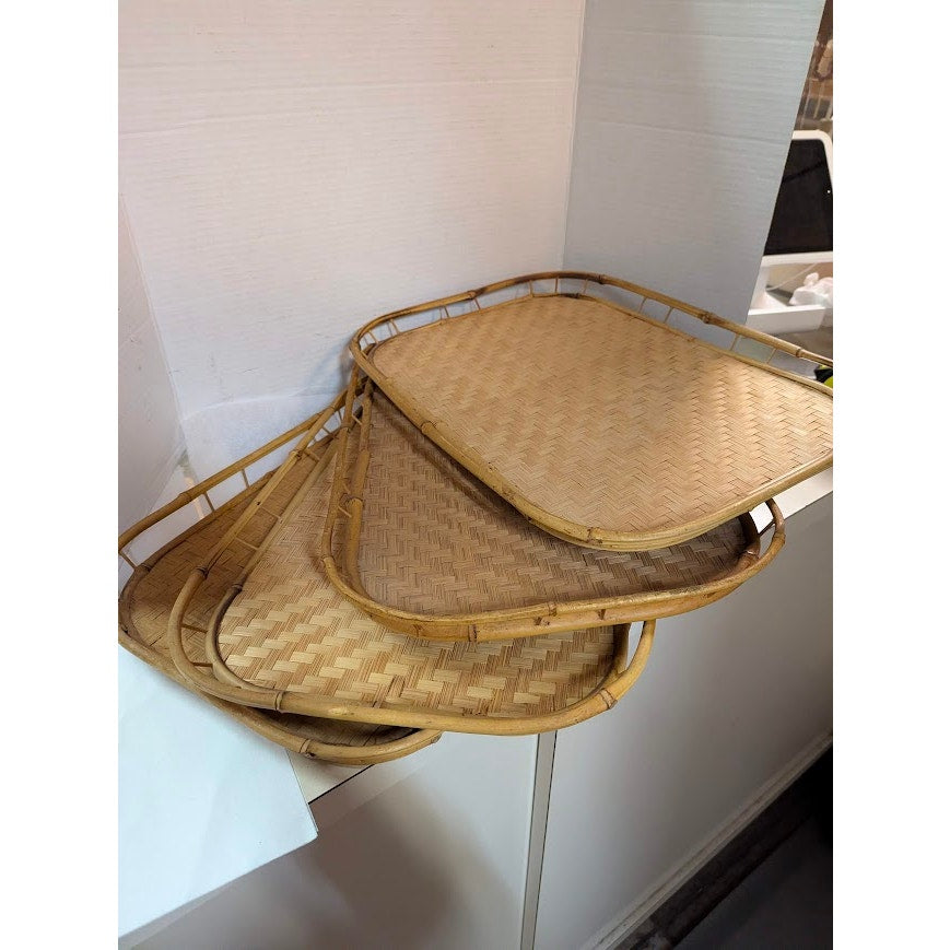 Vintage 1980s Rectangular Woven bamboo serving trays set of 4 19x13