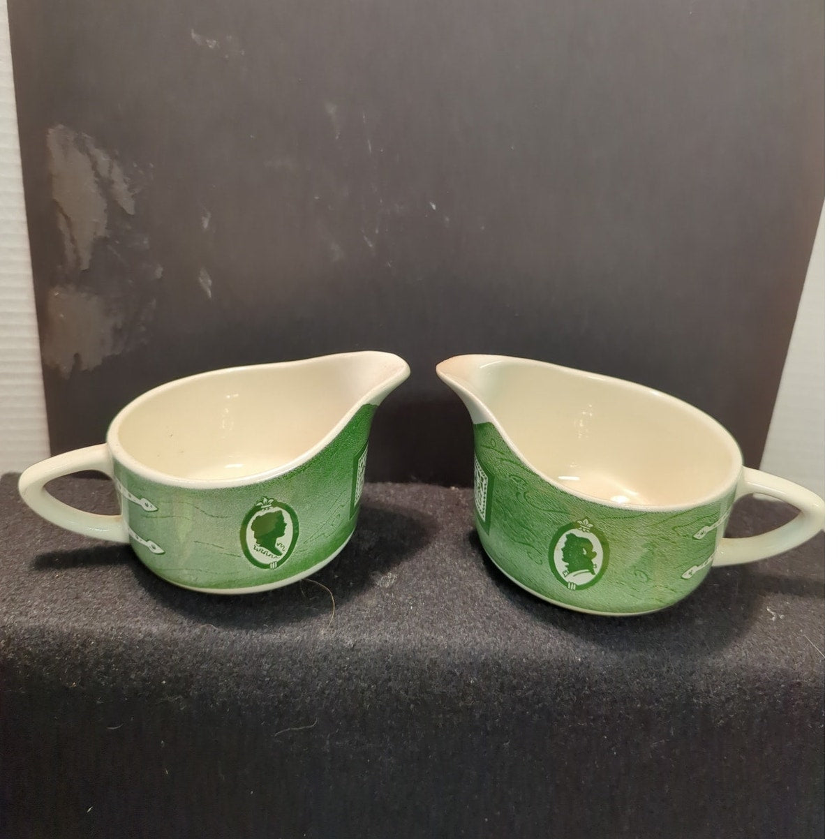Vintage Royal Colonial Homestead Green Gravy Boats Set of Two Royal China USA