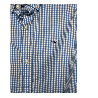 Vineyard Vines Shirt Boys Large 16 Whale Button Up Gingham Plaid Blue White