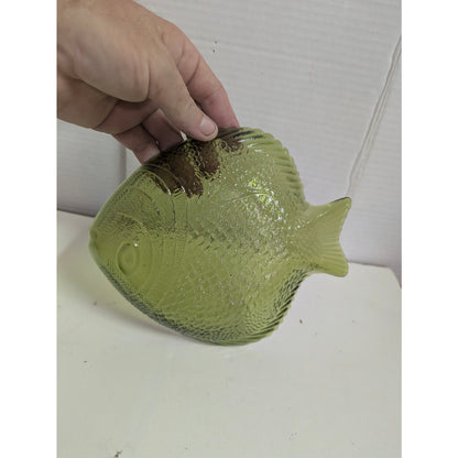 Vintage Olive Green Glass Fish Shaped Dish Ashtray Or Trinket Dish Coastal Beach