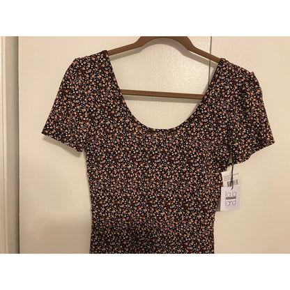 La La Land Mini Dress Medium Black Mauve Floral Print NWT Off Shoulder Empire