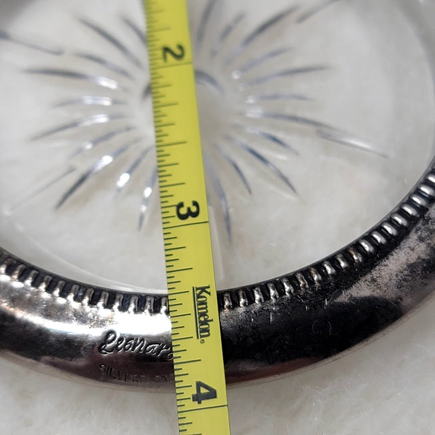 Set 4 Leonard Silverplate Glass Crystal Cut Coasters Barware MCM Starburst Drink