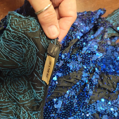 Vintage SILK blue sequin formal womens top jagged hem 80s M/L Handstitched