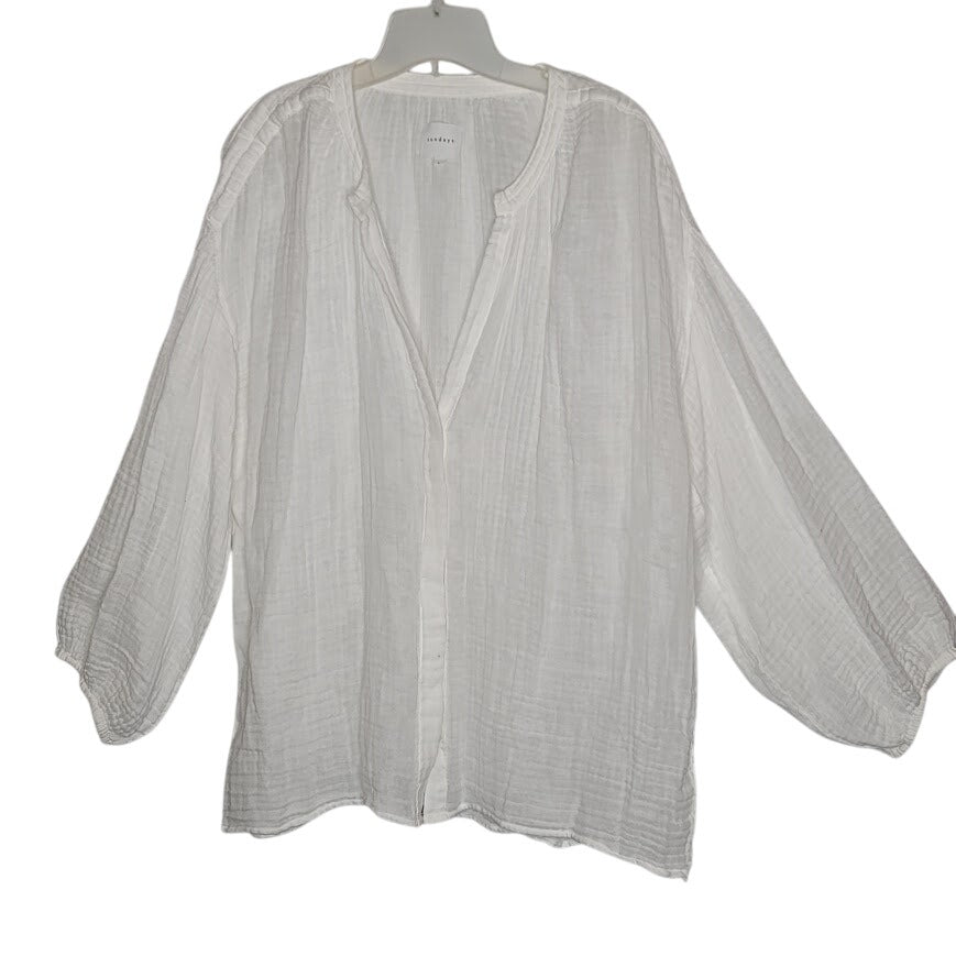Sundays Size 3 White textured Button Up Cotton Long Sleeve V Neck Top Blouse