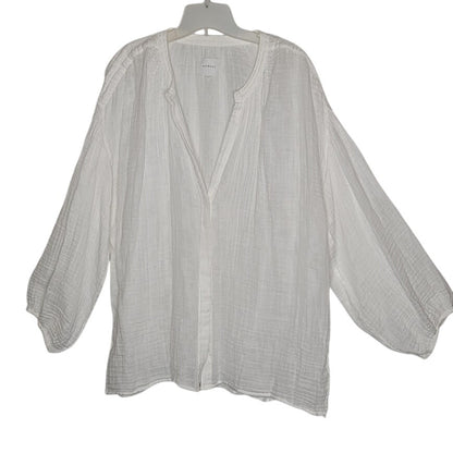 Sundays Size 3 White textured Button Up Cotton Long Sleeve V Neck Top Blouse