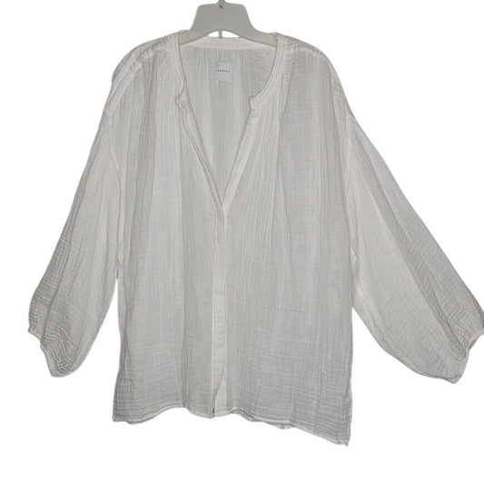 Sundays Size 3 White textured Button Up Cotton Long Sleeve V Neck Top Blouse