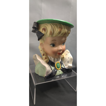 Vintage 1950s Blonde Lady Head Vase Planter Green Hat Polka Dot Bow Kitsch MCM