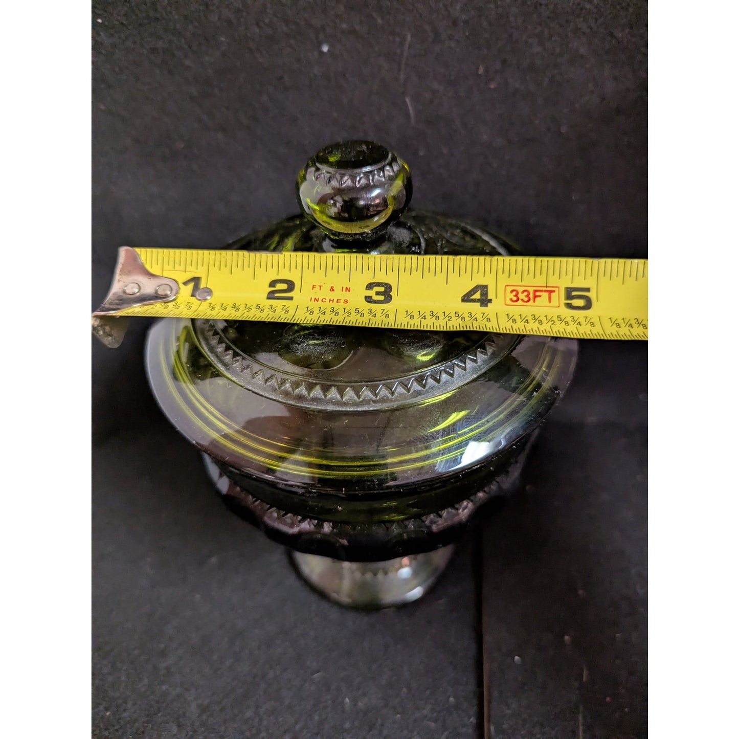 Vintage Indiana Glass Olive Green Kings Crown Thumbprint Covered Candy Dish