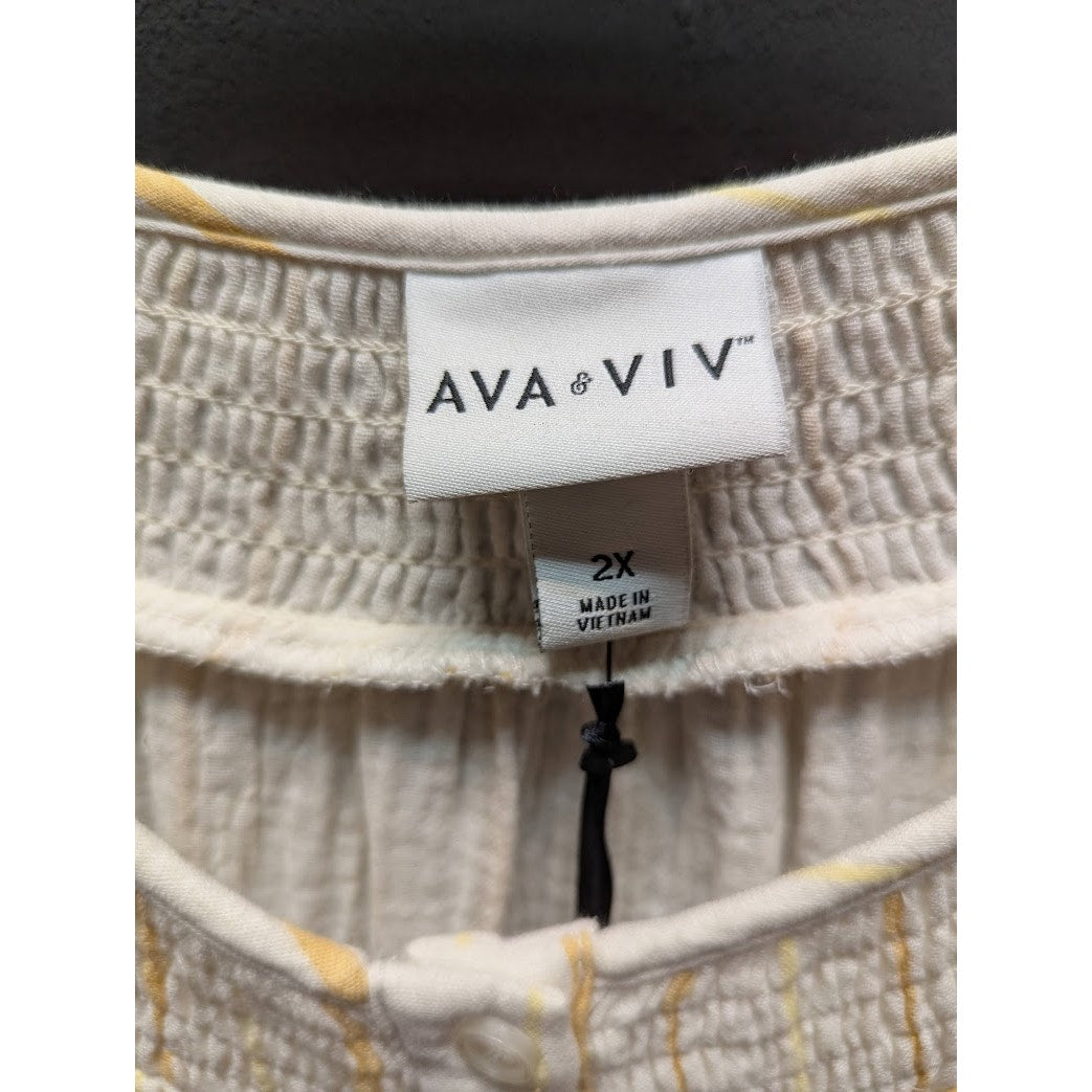 Ava & Viv Size 2X Plus Blouse Top Yellow Cream Stripe Cotton blouson long sleeve