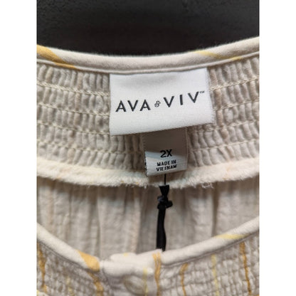 Ava & Viv Size 2X Plus Blouse Top Yellow Cream Stripe Cotton blouson long sleeve