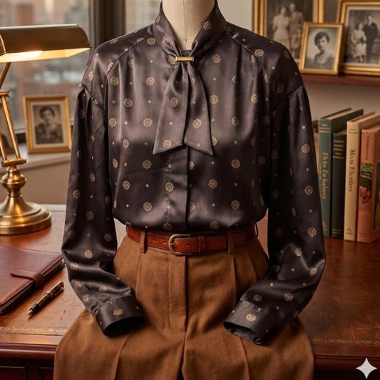 The Villager Vintage Size Large bowtie neck button up long sleeve blouse glam