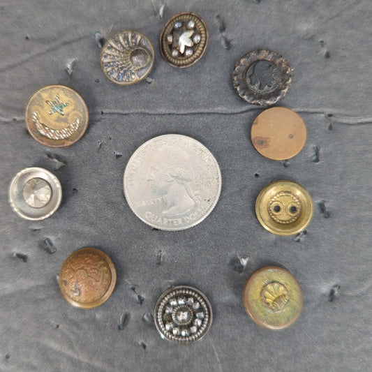 LOT G of 10 Antique Vintage Victorian Brass Mixed Materials Buttons ESTATE FIND