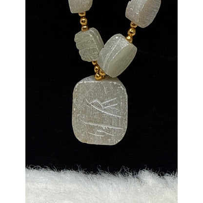 Vintage white soapstone carved scarab beaded necklace Egyptian revival 30"