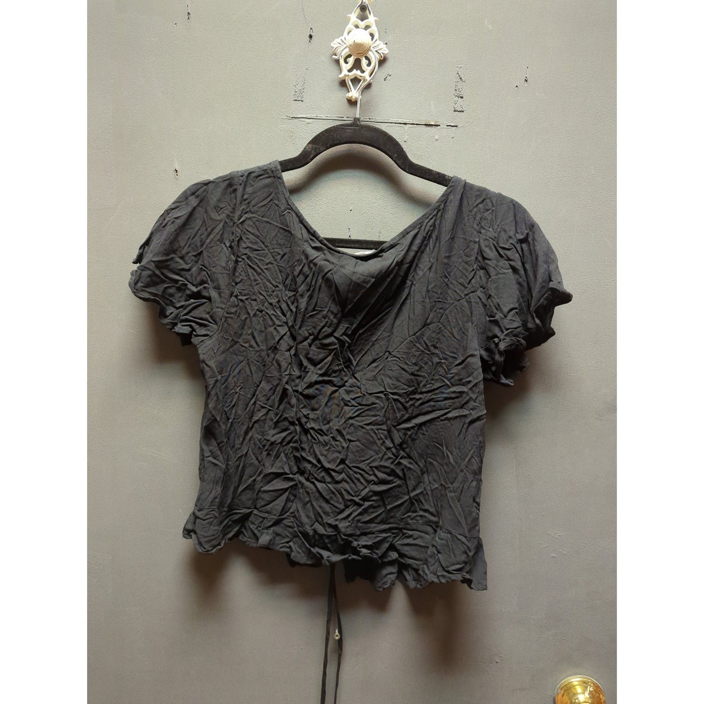 NWT We My People Black drawstring middle crop Ruffle Top Boho Medium