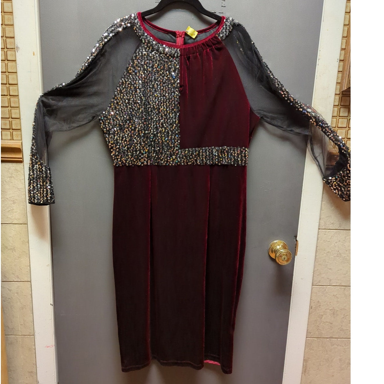 Burgundy and black velvet sheer glitzy cocktail wiggle Size XL dress
