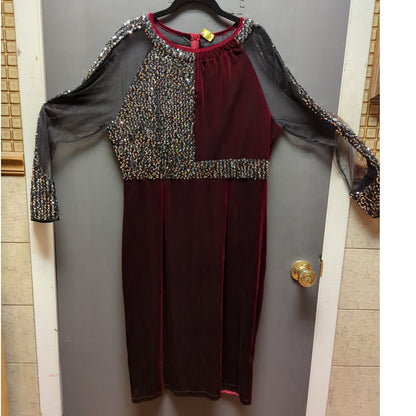 Burgundy and black velvet sheer glitzy cocktail wiggle Size XL dress