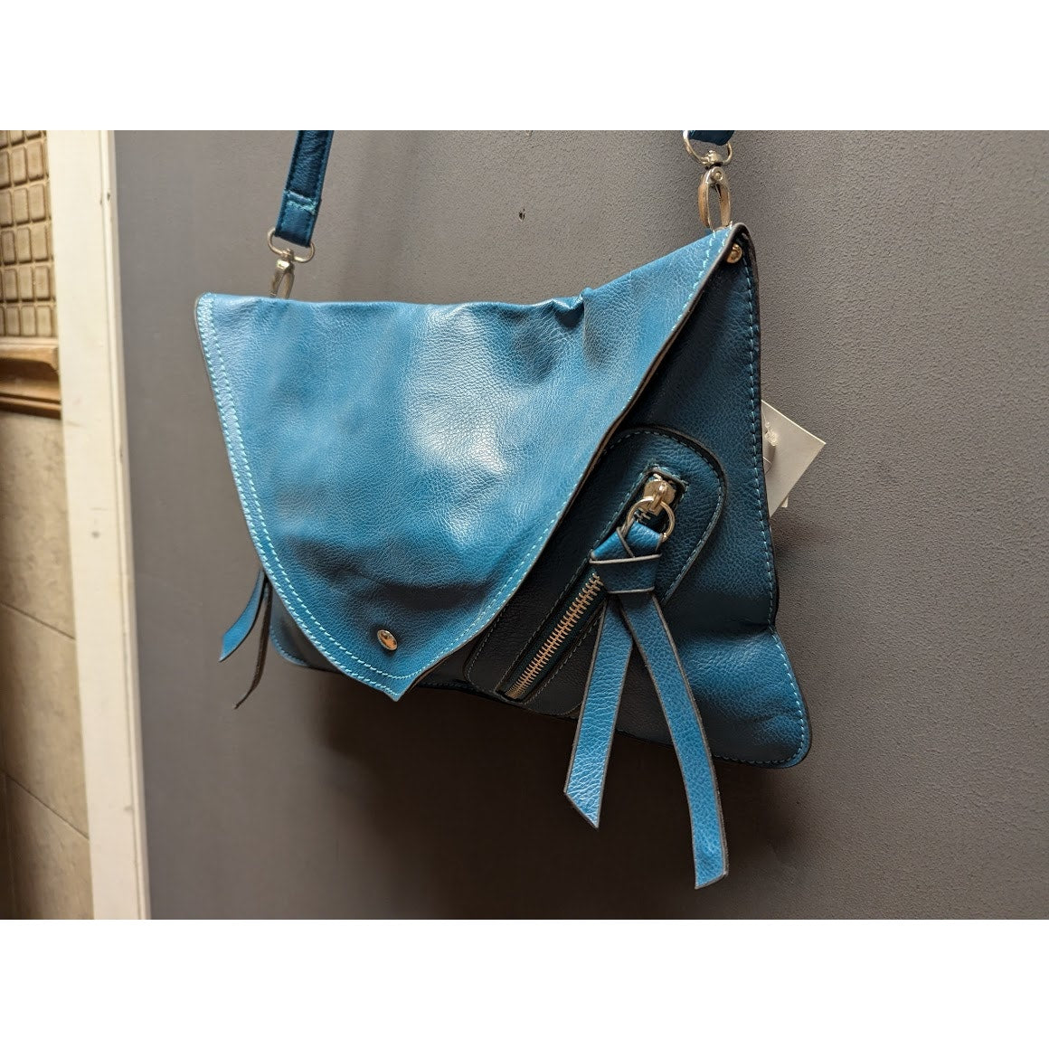 Vegan Faux Pebbled Leather BLUE TEAL bag Clutch shoulder Purse Front zip pockets