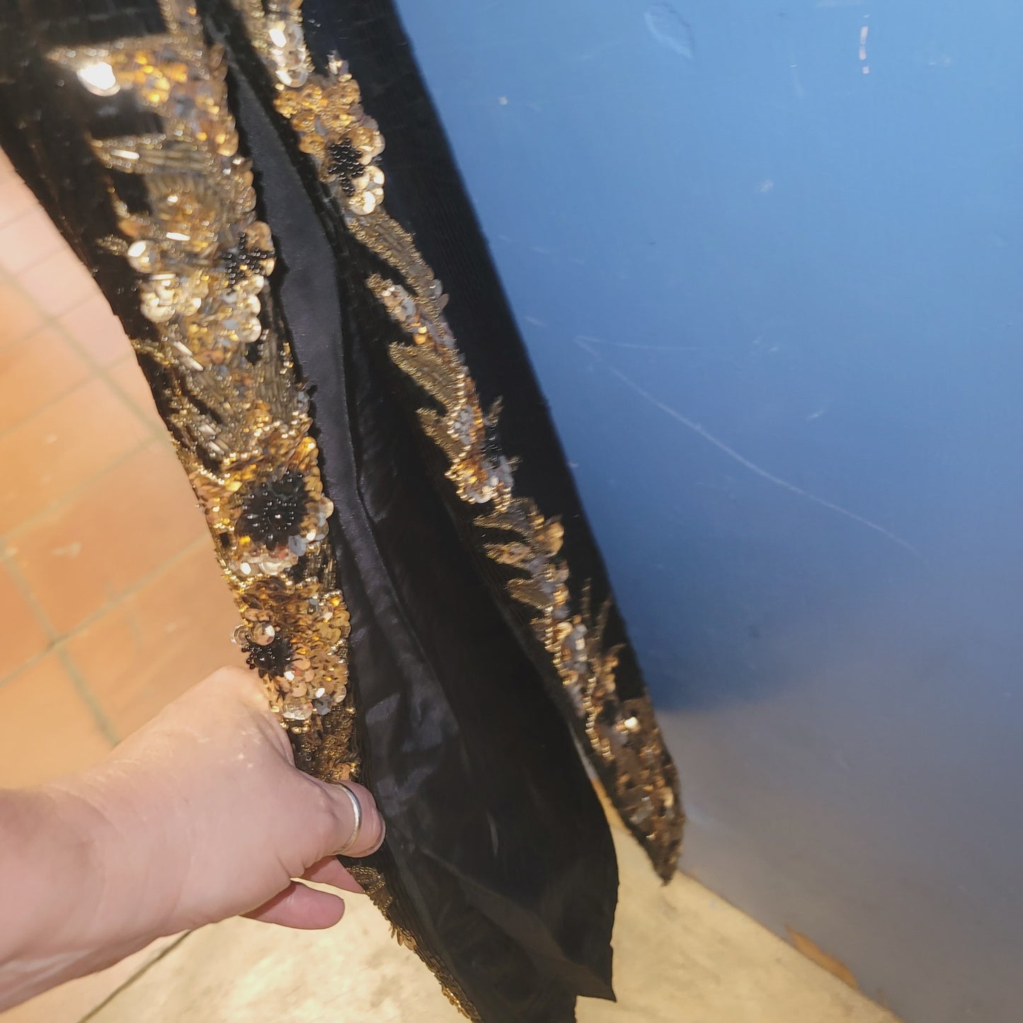 Sho Max SILK heavy beaded sequin dress 80s Vintage Formal SMALL gown Black Gold