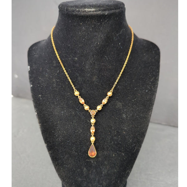 Vintage Gold Tone Y-Necklace Teardrop Gemstone Pendant Delicate Chain Renfaire