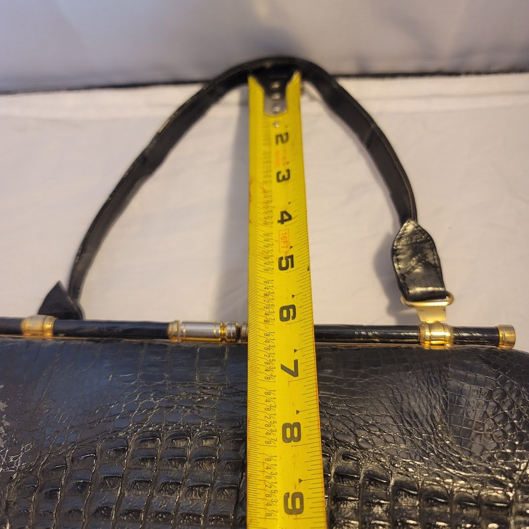 Vintage Genuine Crocodile Skin Hide handbag purse Black gold hardware