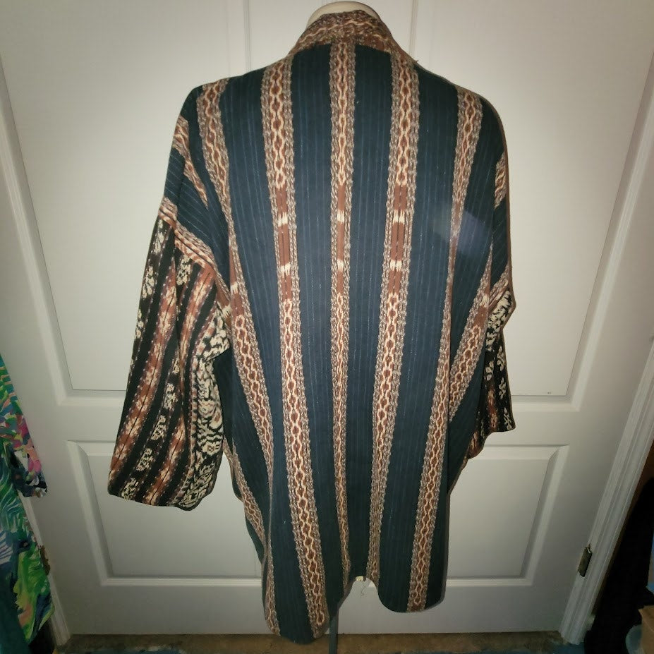 Vintage Reversible Open Front Jacket XL Tribal Stripe Art to Wear Boho Kimono
