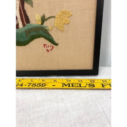 Vintage Crewel Cherry Tree Handmade by Tilly 1961 framed some water stains 12x16